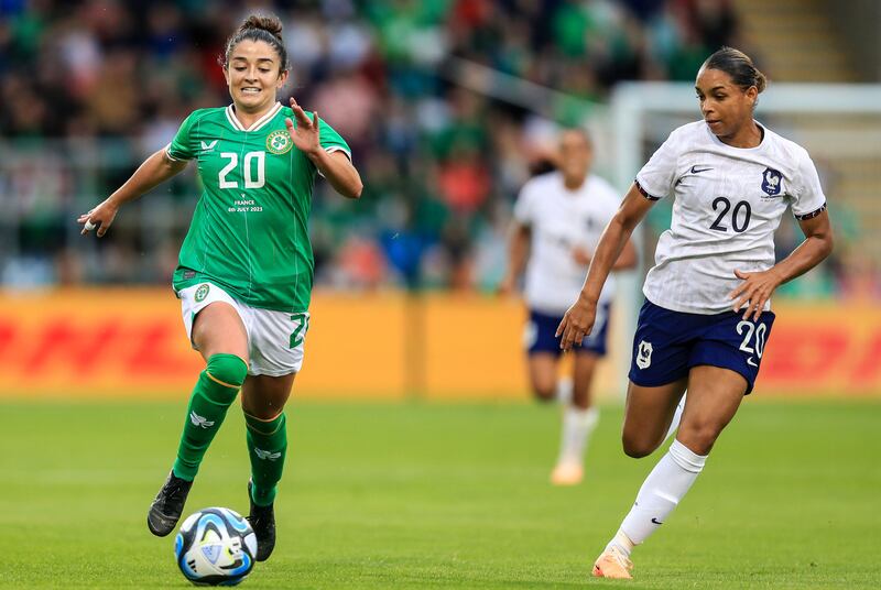 Republic of Ireland's Marissa Sheva with Estelle Cascarino of France in action at Tallaght Stadium. Photograph: Evan Treacy/Inpho