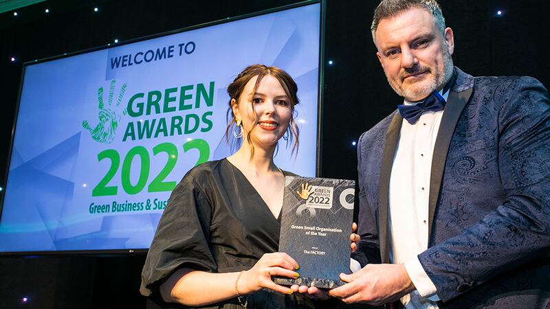 Padraic O’Brien, Regional ESG Sales Director US & EMEA at Diligent, presents Green Small Organisation of the Year award to Lisa Dooley, The FACTORY.