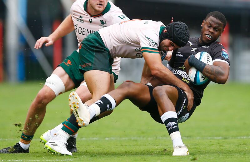 Byron Ralston of Connacht tackles Aphelele Fassi of the Sharks at Kings Park in Durban. Photograph: Steve Haag/Steve Haag Sports/Inpho