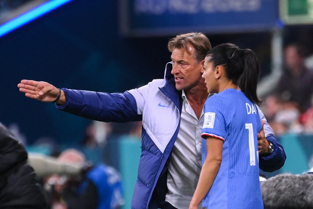 France's coach Herve Renard with France's Kenza Dali on the touchline during the game against Jamaica at Sydney Football Stadium at the Women's World Cup. Photograph: Franck Fife/Getty Images