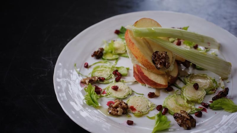Salad of celery, apples, sprouts, kohlrabi and walnuts with an apple and balsamic dressing. Photograph: Emma Jervis