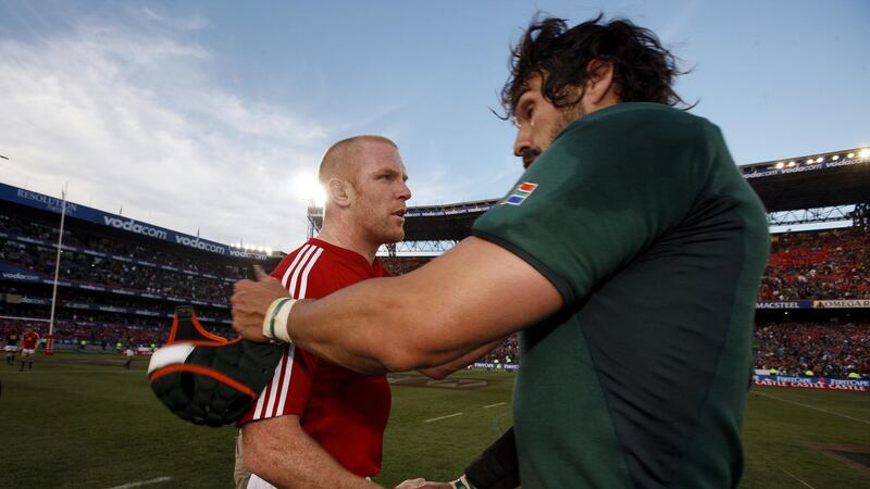 Paul O’Connell of the Lions shakes hands with Victor Matfield of South Africa after the second Test of the 2009 series in Durban. Photograph: Dan Sheridan/Inpho