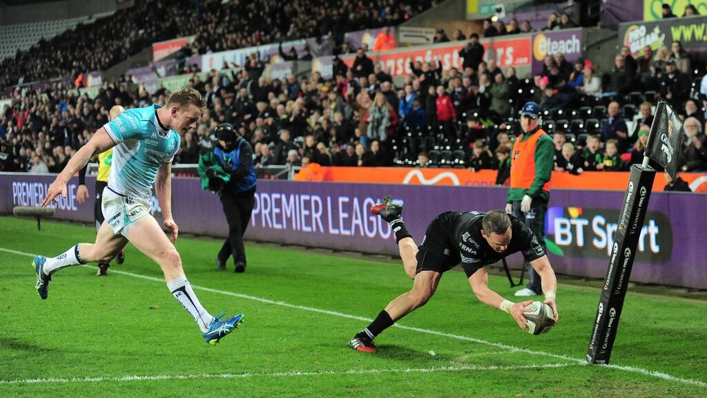 Hanno Dirkson of Ospreys scores a try in their Pro14 win over Connacht. Photo: Alex Davidson/Inpho
