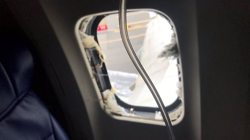 The damage to a window of the Southwest Airlines plane caused when an engine blew. Photograph: Matt Tranchin/PA Wire
