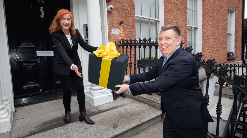 Leonora O’Brien, chief executive of PharmaPod, the first of this year’s 24 finalists to be notified by Roger Wallace, partner lead for the EY Entrepreneur Of The Year awards. Photograph: Naoise Culhane