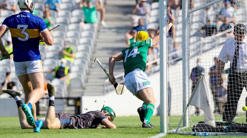 Limerick’s Séamus Flanagan scores a goal during the Munster final win over Tipperary at Páirc Uí Chaoimh. Photograph: Lorraine O’Sullivan/Inpho