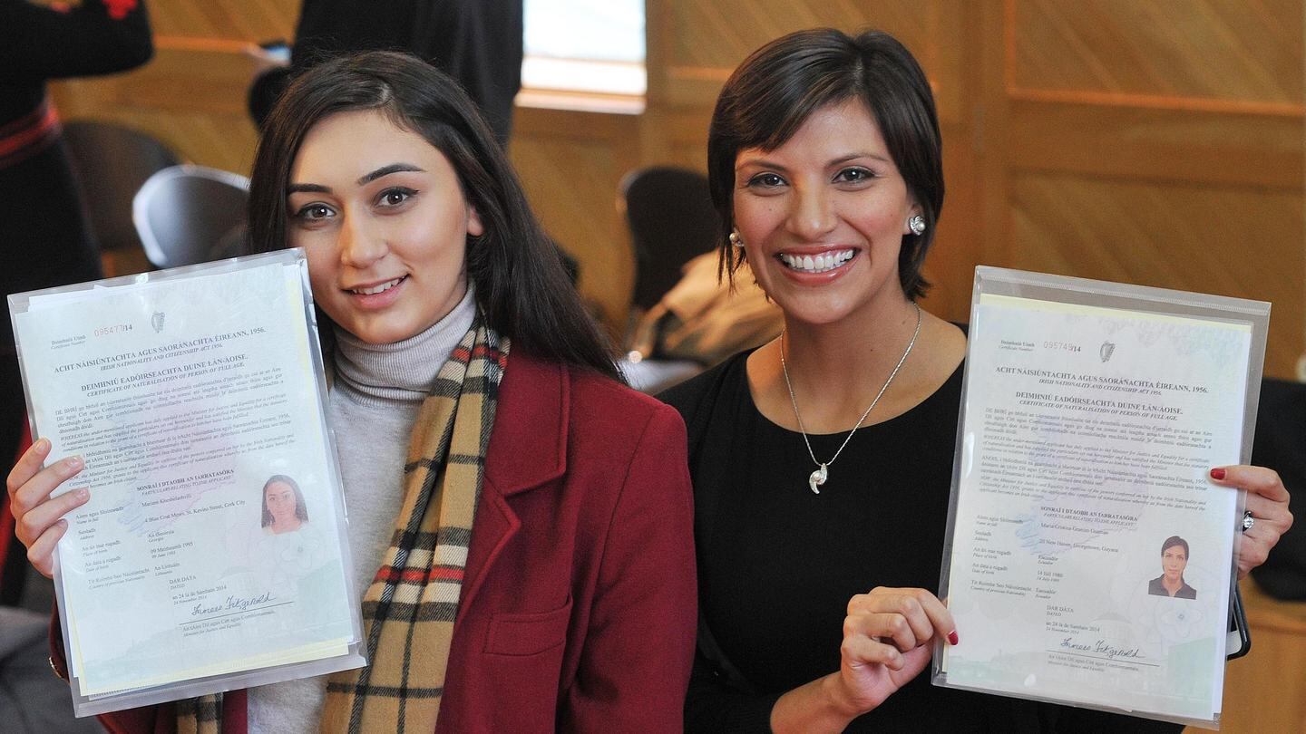 New citizens Mariam Kheshlelashvili from Georgia and Maria Guaman from Ecuador in UCC. Photograph: Daragh Mc Sweeney/Provision