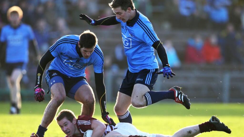 Westmeath’s Gavin Hoey under pressure from Dublin’s Declan O’Mahony and Kevin Nolan during last Sunday’s O’Byrne Cup match at Cusack Park, Mullingar, Co Westmeath. Photograph: Inpho