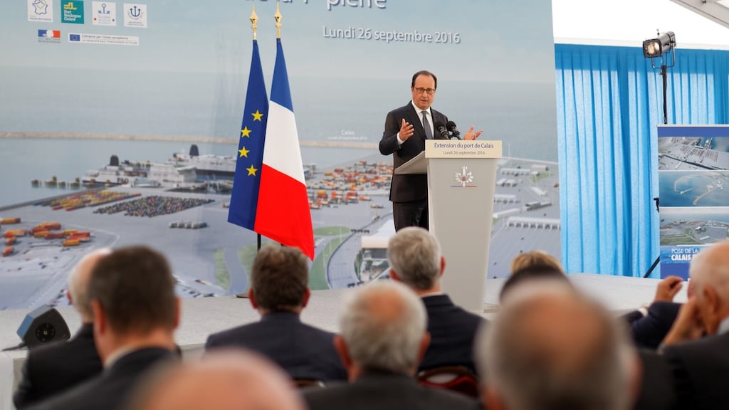 French president Francois Hollande visiting Calais on Monday. Neither Nicolas Sarkozy nor Hollande went to the “Jungle”, as it has become a lawless zone deemed too dangerous for senior politicians. Photograph: Getty Images