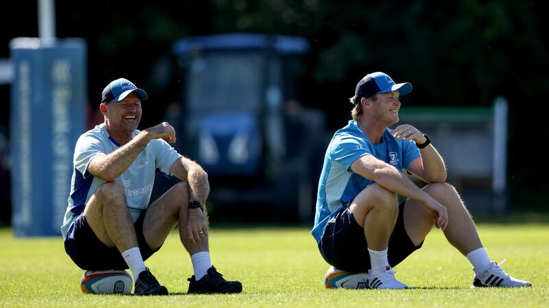 Leinster senior coach Jacques Nienaber with assistant coach Tyler Bleyendaal during squad training at UCD. Photograph: Ben Brady/Inpho