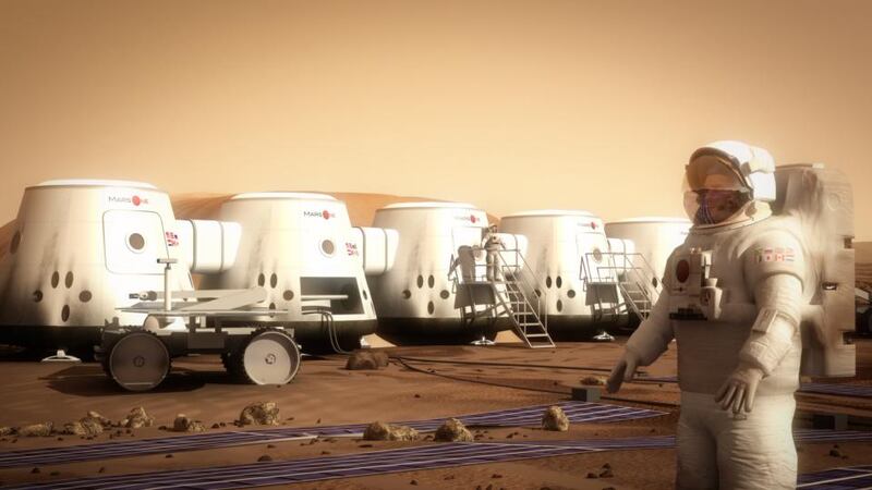 Digital mock-up of a Martian colony supplied by Mars One
