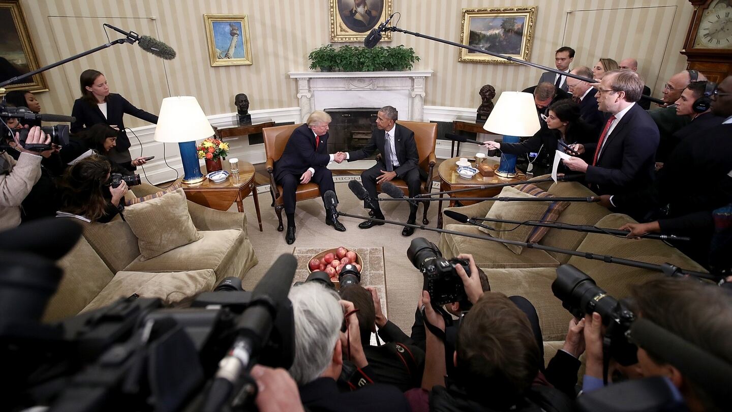 US president Barack Obama  shakes hands with president-elect Donald Trump  following a meeting in the Oval Office. Photograph: Win McNamee/Getty Images