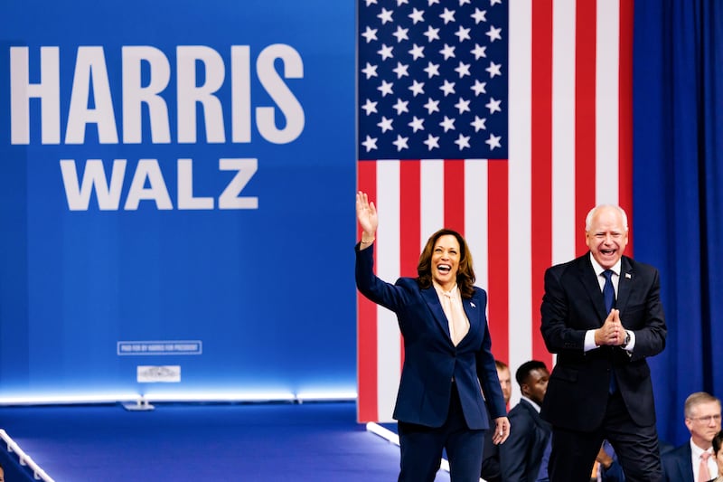 Kamala Harris and Tim Walz arrive for a campaign event in Philadelphia, Pennsylvania. Photograph: : Hannah Beier/Bloomberg