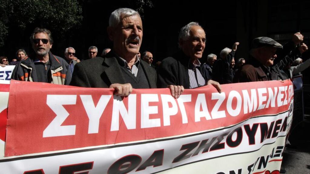 Pensioners rally in Athens. One minister said that if faced with paying loans or paying salaries and pensions, Greece would choose the latter. Photograph: EPA/Orestis Panagiotou