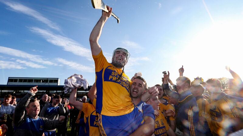 Sixmilebridge’s Brian Carey celebrates after the victory over Cratloe at Cusack Park in Ennis. Photograph: Lorraine O’Sullivan/Inpho