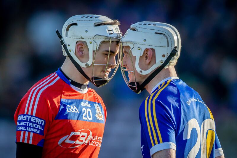 Loughrea’s Brian Keary and Victor Manso of St Thomas' square up to each other at Pearse Stadium. Photograph: Morgan Treacy/Inpho