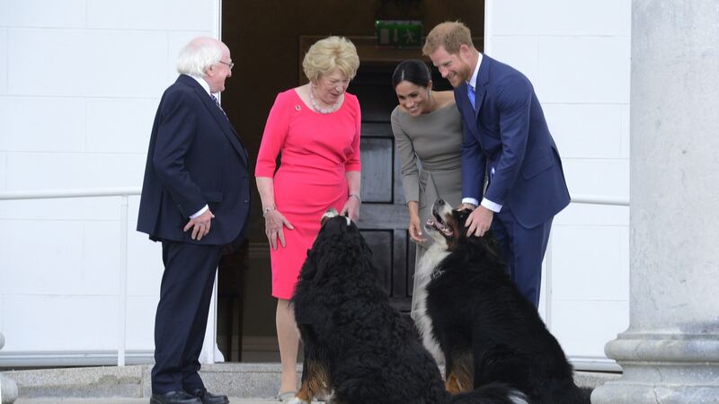 Prince Harry and his wife Meghan Markle in July 2018 at Áras an Uachtaráin with President Michael D Higgins and his wife Sabina and their dogs Bród and Síoda. Photograph: Cyril Byrne/ The Irish Times
