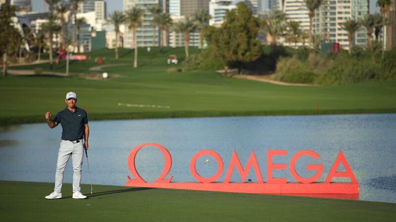 Paul Casey celebrates after claiming victory on the 18th hole during the final round of the Omega Dubai Desert Classic. Photo: Warren Little/Getty Images