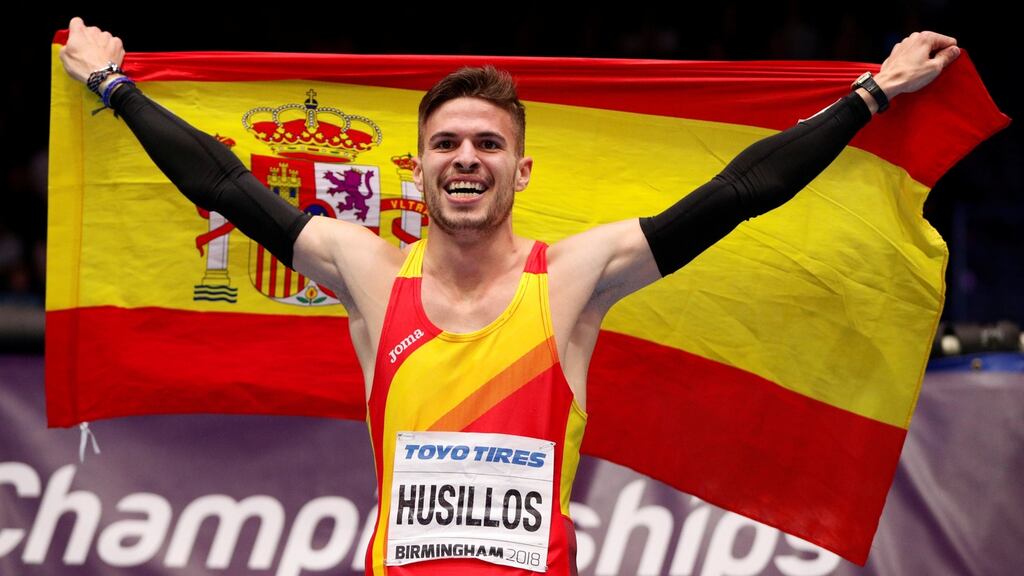 Spain’s Oscar Husillos celebrates winning the Men’s 400 Metre final at the World Indoor Athletics Championships – but he was later disqualified for lane infringement. Photograph: John Sibley/Reuters