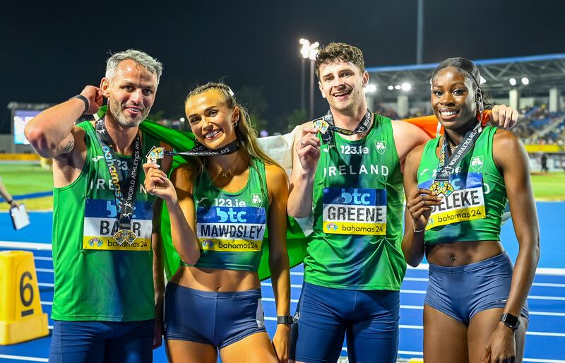 Ireland’s Thomas Barr, Sharlene Mawdsley, Cillín Greene and Rhasidat Adeleke with their bronze medals at the World Athletics Relays in the Bahamas. Photograph: Warren Grant/Inpho