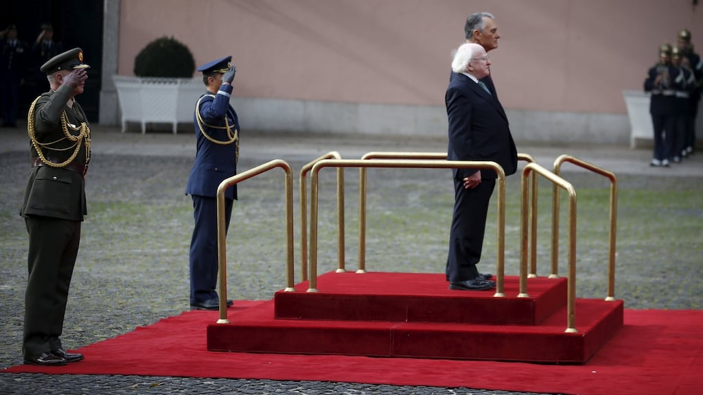 President Michael D Higgins  stands next to Portuguese president Anibal Cavaco Silva during a meeting at Belem Palace in Lisbon, Portugal. Photograph: Rafael Marchante/Reuters.