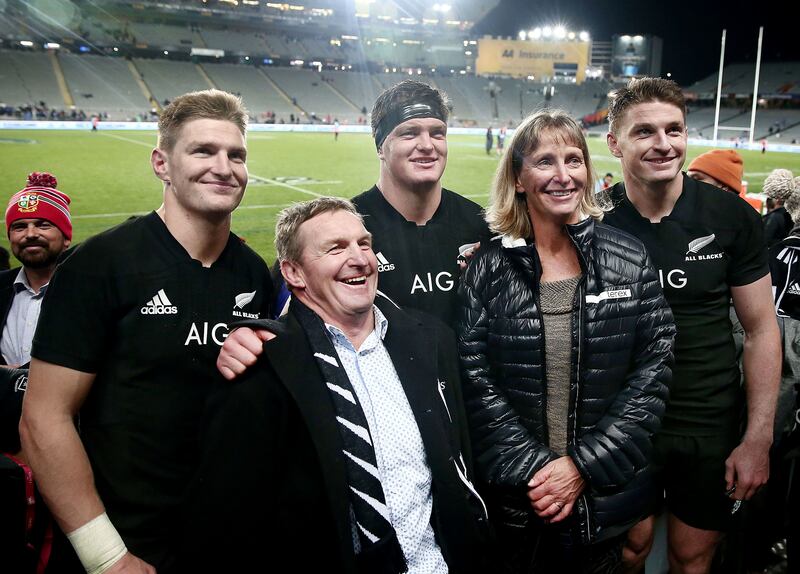Brothers Jordie, Scott and Beauden Barrett with their parents Kevin and Robyn Barrett before an All Blacks-Samoa match in 2017. Photograph: Andrew Cornaga/Photosport/Inpho