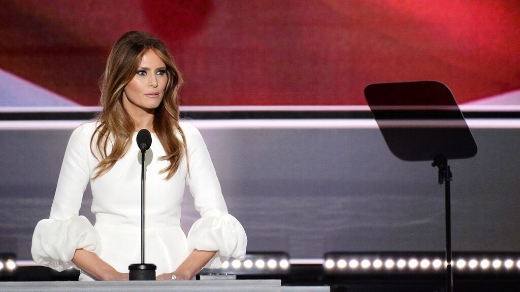Melania Trump, wife of Republican presidential candidate Donald Trump, addressing delegates on the first day of the Republican National Convention at Quicken Loans Arena in Cleveland, Ohio on Monday. Photograph: Robyn Beck/AFP/Getty Images