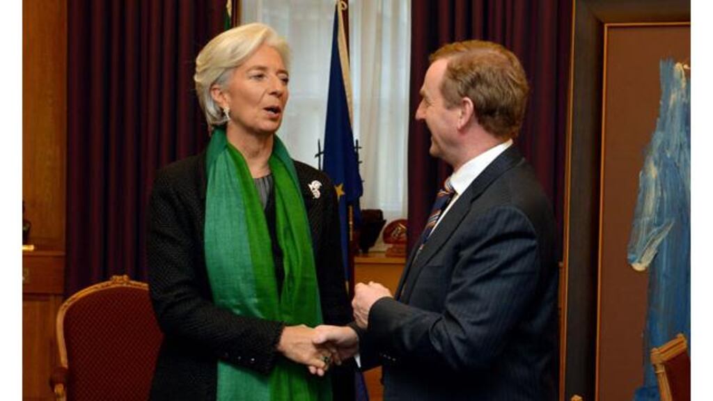 Taoiseach Enda Kenny welcomes International Monetary Fund managing director Christine Lagarde to his office in Dublin this morning at the start of her visit to Ireland. Photograph: David Sleator/The Irish Times