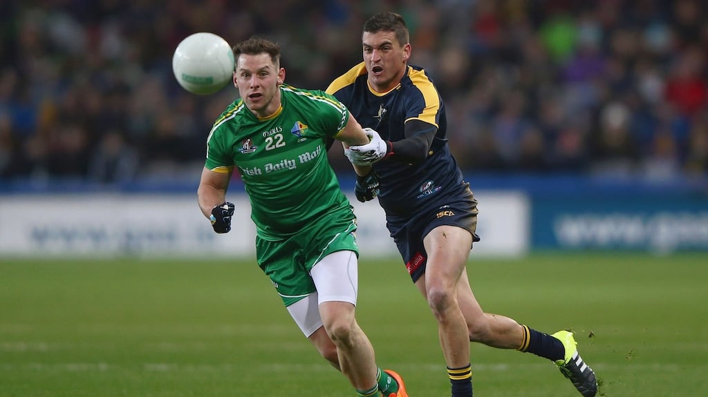 Australia’s Patrick Dangerfield tries to tackle Ireland’s Philly McMahon during the International Rules Series match at Croke Park. Photo: Ian Walton/Getty Images