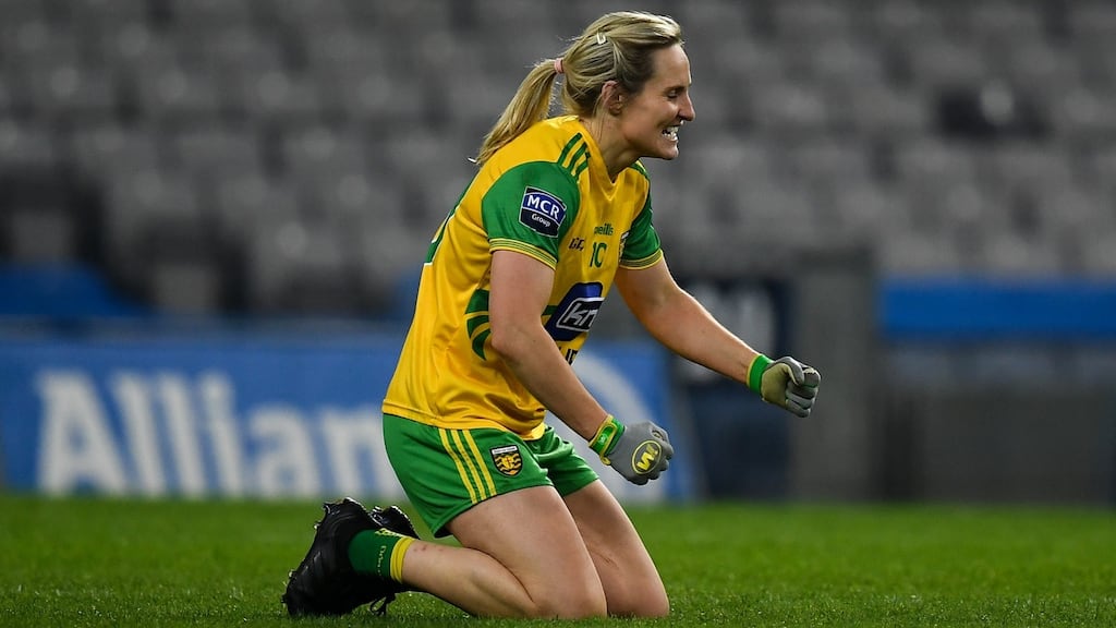 Donegal’s Karen Guthrie celebrates at the full-time whistle at Croke Park. Photograph: