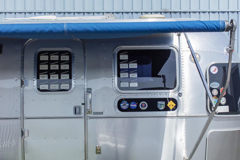 Tom Hanks’s Airstream trailer: some of the movie clapperboard stickers. Photograph: Bonhams