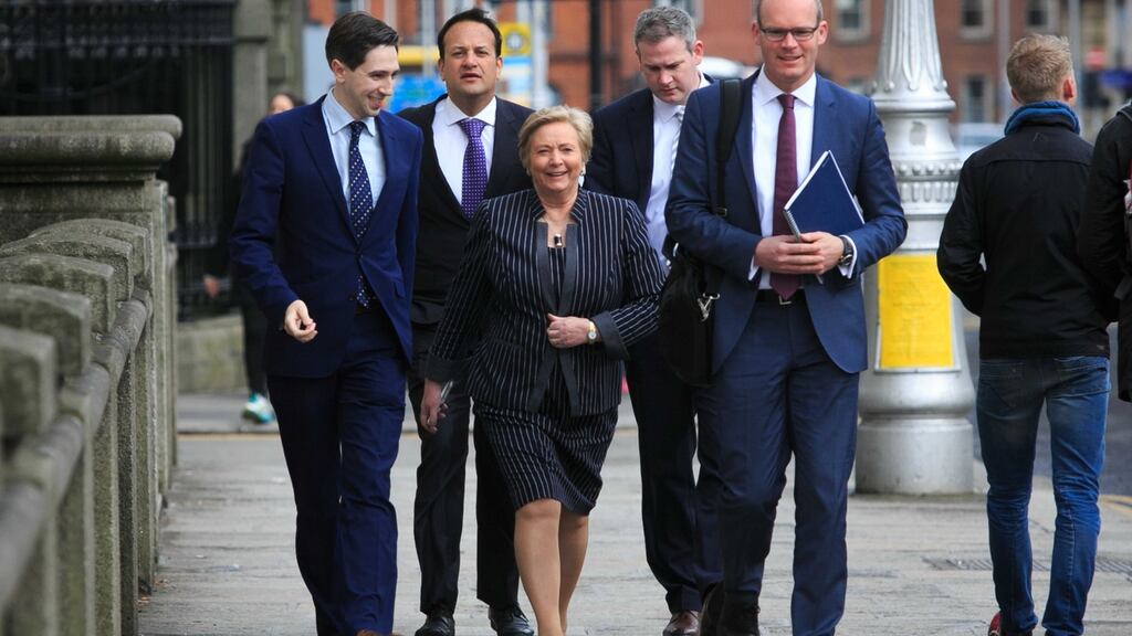 Simon Harris, Leo Varadkar, Frances Fitzgerald, Seán Kyne and Simon Coveney at Government Buildings, Dublin. Photograph: Gareth Chaney/Collins