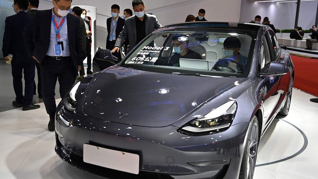 A Tesla model 3 is seen during the 19th Shanghai International Automobile Industry Exhibition in Shanghai on April 19th. Photograph: Hector Retamal/AFP