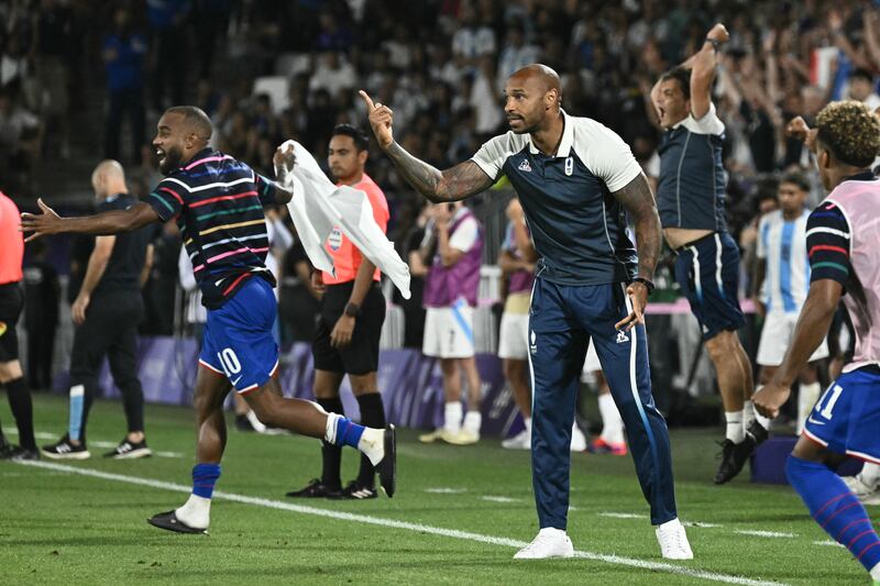 France's manager Thierry Henry after France won their men's quarter-final match against Argentina in Bordeaux. Photograph: Philippe Lopez/AFP