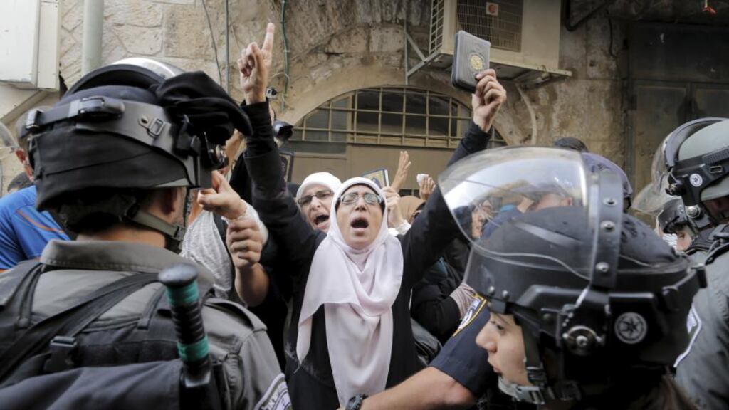 Israeli police prevent Palestinian women from entering the compound which houses al-Aqsa mosque, known by Muslims as the Noble Sanctuary and by Jews as the Temple Mount, in Jerusalem’s Old City, on the eve of the Jewish New Year. Photograph: Ammar Awad/Reuters