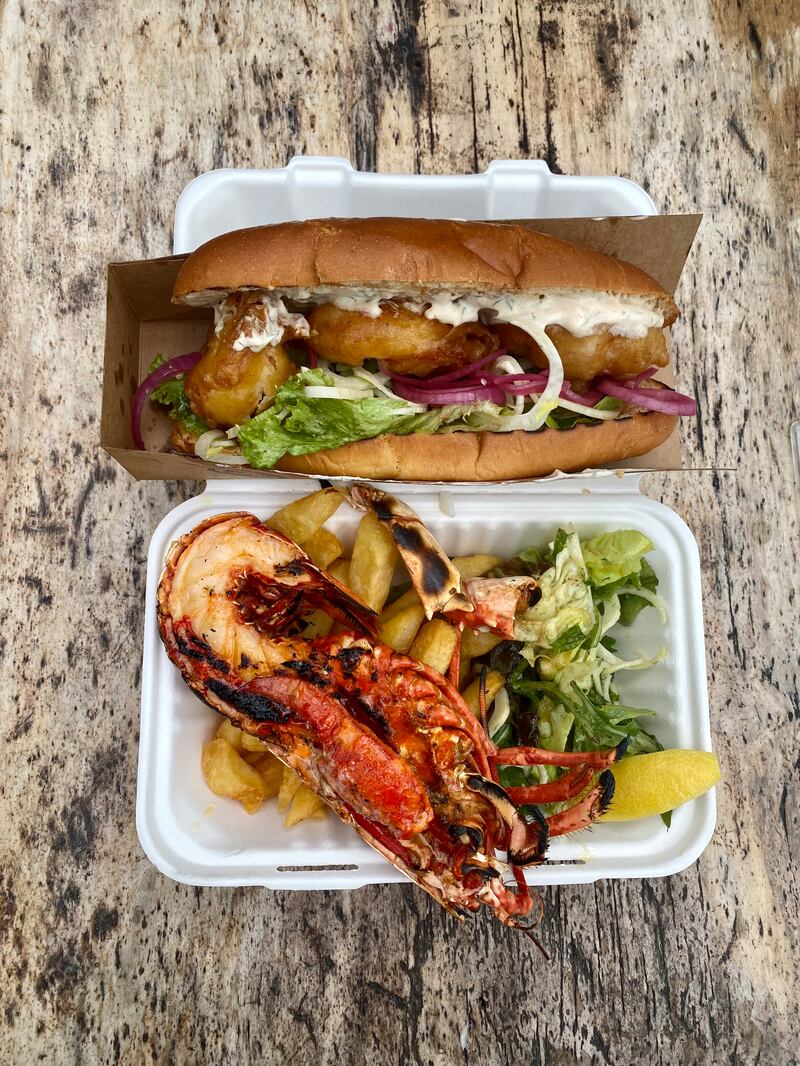 Lobster, chips and salad and prawn po'boy at Julia's Lobster Truck in Co Clare