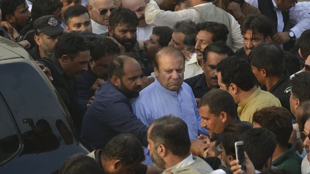 Jailed former Pakistani prime minister Nawaz Sharif arriving to attend the funeral prayer of his late wife Kulsoom Nawaz in Lahore on September 14th. Photograph: Arif Ali/AFP/Getty Images