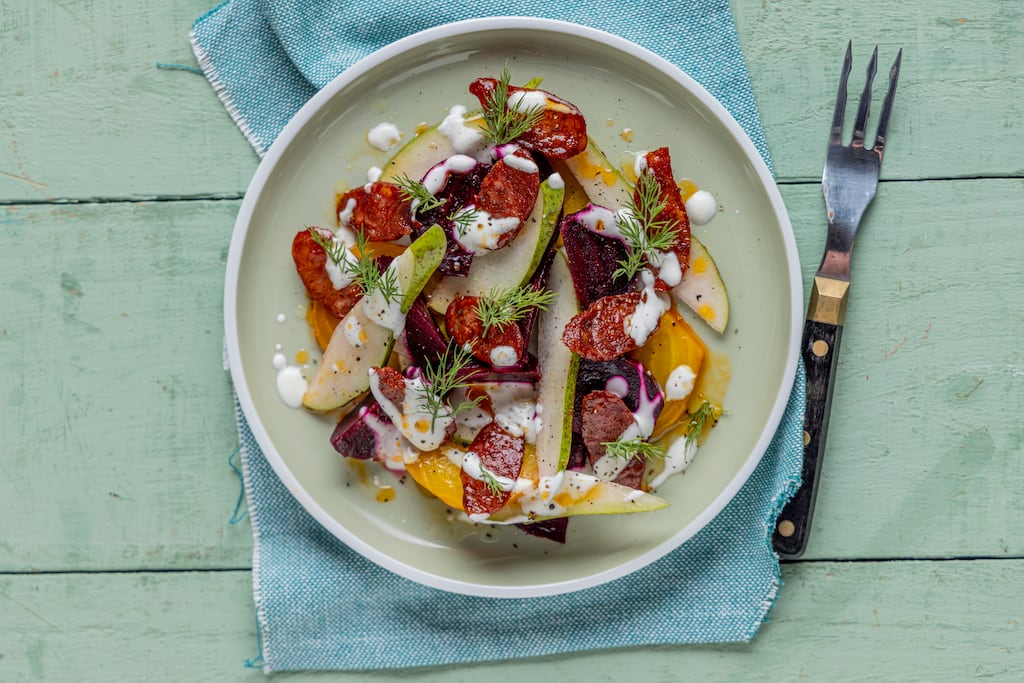 Beetroot, chorizo and pear salad. Photograph: Harry Weir