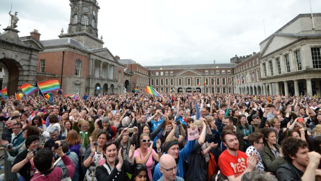 Crowds gathered in the courtyard at Dublin Castle, for the results of the same-sex marriage referendum. File photograph: Dara Mac Dónaill/The Irish Times