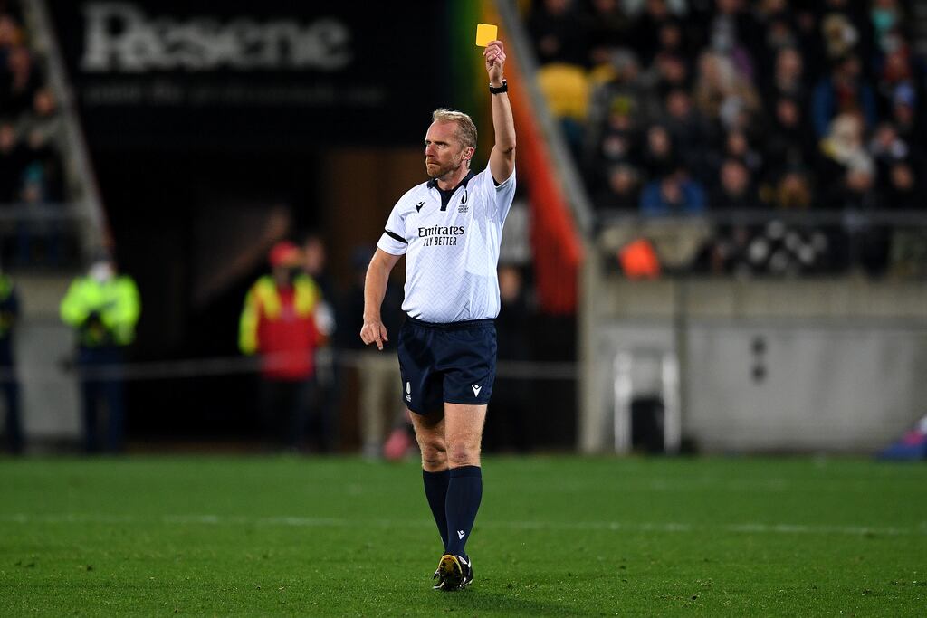 Referee Wayne Barnes shows Andrew Porter of Ireland a yellow card during the third Test. Photograph: Joe Allison/Getty Images
