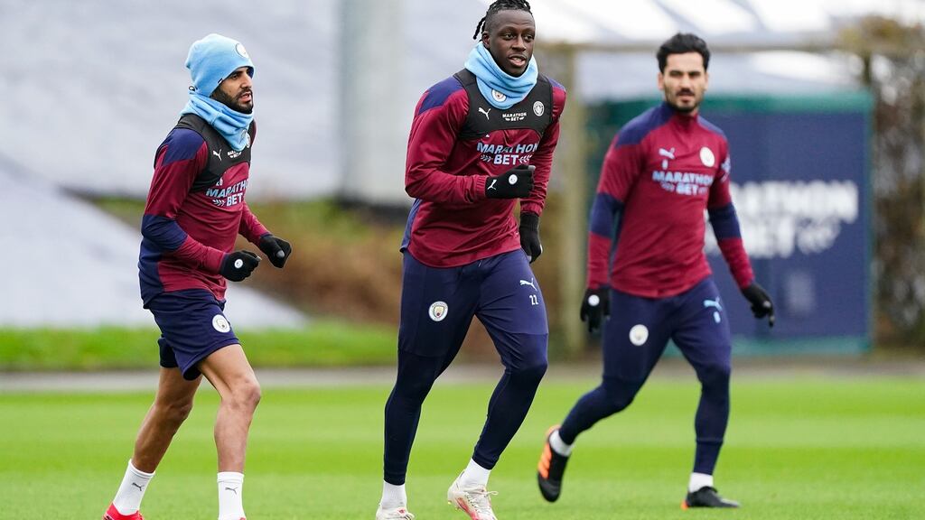 Benjamin Mendy during a Manchester City training session last week. Photo: Matt McNulty - Manchester City/Manchester City FC via Getty Images