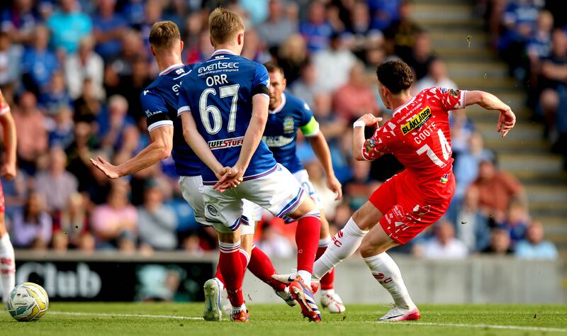 Shelbourne’s Alastair Coote scores the opening goal of the game. Photograph: Ryan Byrne/Inpho