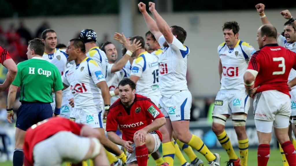 Clermont’s players celebrate at the final whistle after their Heineken Cup semi-final victory over Munster in Montpellier. Photograph: James Crombie/Inpho