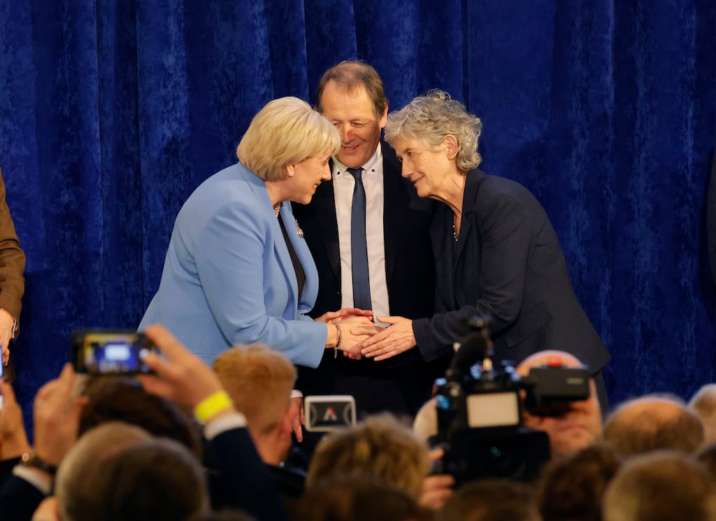 President-elect Catherine Connolly embraces fellow candidate Heather Humphreys at Dublin Castle. The election of a new president gives us a chance to reset the debate on Irish unity. Photograph: Alan Betson / The Irish Times