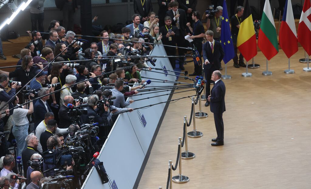 German chancellor Olaf Scholz fields media questions during an informal meeting of the European Council in Brussels on Monday. Photograph: Olivier Hoslet/EPA