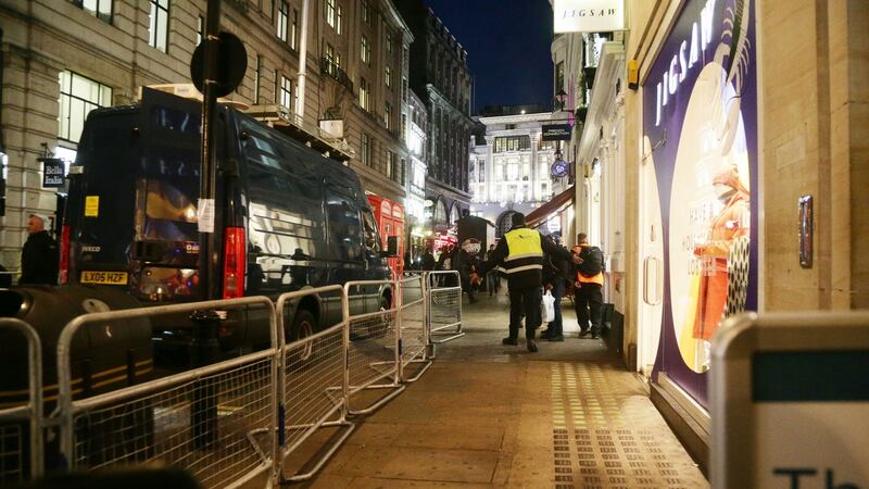 The scene outside the London Palladium after Oxford Circus station in London was evacuated. Photograph: Yui Mok/PA