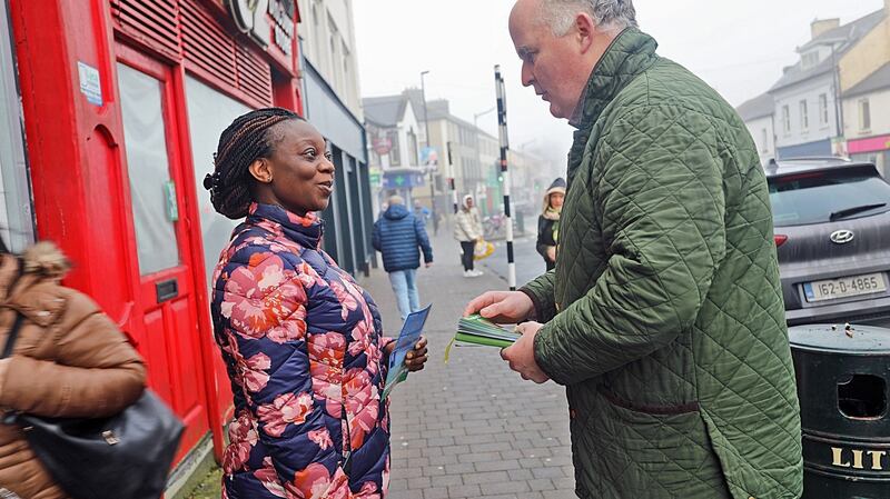 Longford resident Brenda Ghanskh chats to election candidate Joe Flaherty on his canvass trail on Thursday morning. Photograph: Lorraine Teevan