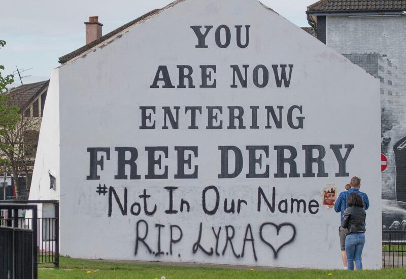 A message of condolence for  Lyra McKee  on to the Free Derry Corner. Photograph: Joe Boland/PA Wire