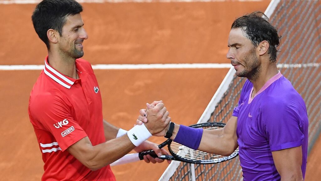 Rafael Nadal and Novak Djokovic after their match in the men’s singles final at the Italian Open. Photograph: EPA