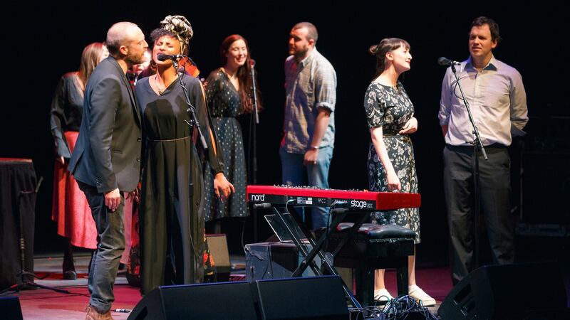 Brian Deady, Loah, Lisa Hannigan, Stephen James Smith, Maria Kelly, Seamus Fogarty at Imagining Ireland at the Barbican Centre. Photograph: Emile Holba
